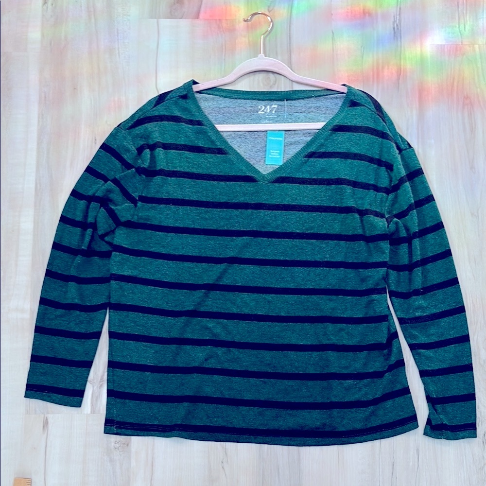 Woman’s Green and Black Striped V-Neck Top